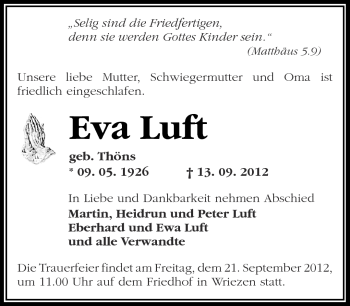 Traueranzeige von Eva Luft von Märkische Oderzeitung