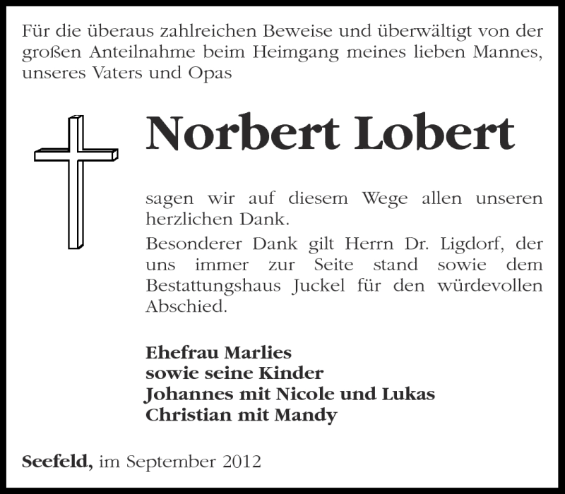  Traueranzeige für Norbert Lobert vom 15.09.2012 aus Märkische Oderzeitung