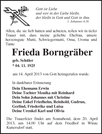 Traueranzeige von Frieda Borngräber von Märkische Oderzeitung