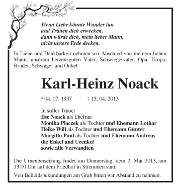 Traueranzeige von Karl-Heinz Noack von Märkische Oderzeitung