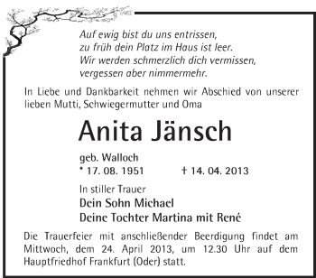 Traueranzeige von Anita Jänsch von Märkische Oderzeitung