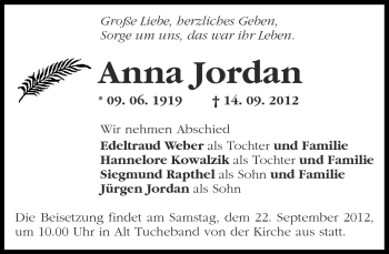 Traueranzeige von Anna Jordan von Märkische Oderzeitung