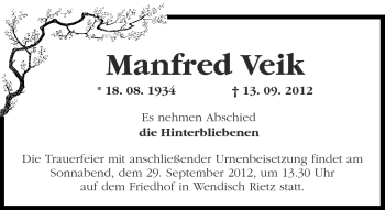 Traueranzeige von Manfred Veik von Märkische Oderzeitung