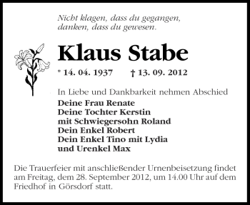 Traueranzeige von Klaus Stabe von Märkische Oderzeitung