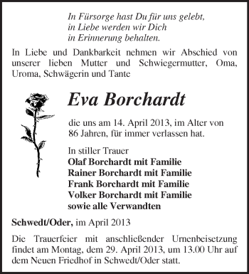 Traueranzeige von Eva Borchardt von Märkische Oderzeitung