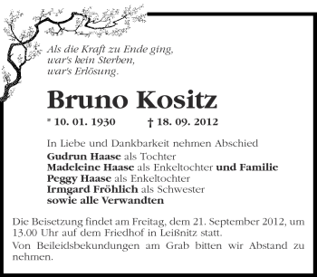 Traueranzeige von Bruno Kositz von Märkische Oderzeitung