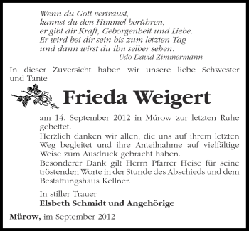 Traueranzeige von Frieda Weigert von Märkische Oderzeitung