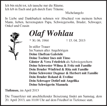 Traueranzeige von Olaf Wohlau von Märkische Oderzeitung