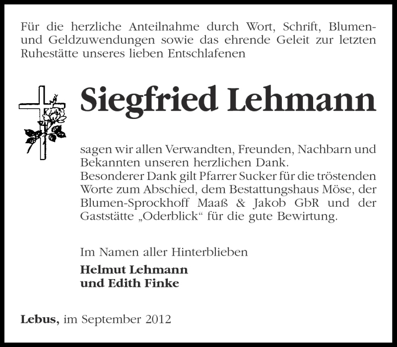  Traueranzeige für Siegfried Lehmann vom 22.09.2012 aus Märkische Oderzeitung