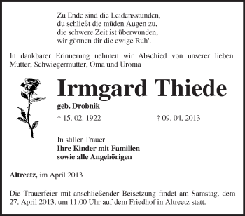 Traueranzeige von Irmgard Thiede von Märkische Oderzeitung