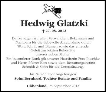 Traueranzeige von Hedwig Glatzki von Märkische Oderzeitung