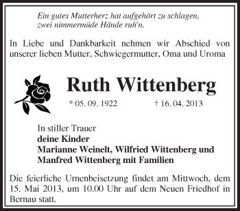 Traueranzeige von Ruth Wittenberg von Märkische Oderzeitung