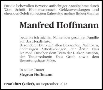 Traueranzeige von Manfred Hoffmann von Märkische Oderzeitung