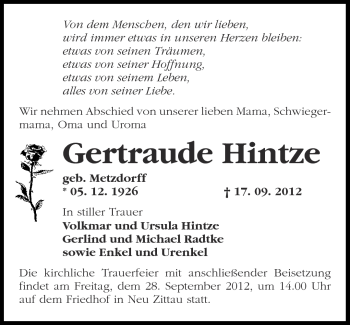 Traueranzeige von Gertraude Hintze von Märkische Oderzeitung