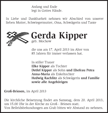 Traueranzeige von Gerda Kipper von Märkische Oderzeitung