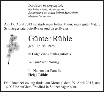 Traueranzeige von Günter Rühle von Märkische Oderzeitung