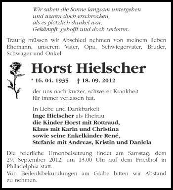 Traueranzeige von Horst Hielscher von Märkische Oderzeitung