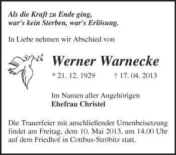 Traueranzeige von Werner Warnecke von Märkische Oderzeitung