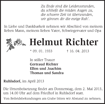 Traueranzeige von Helmut Richter von Märkische Oderzeitung