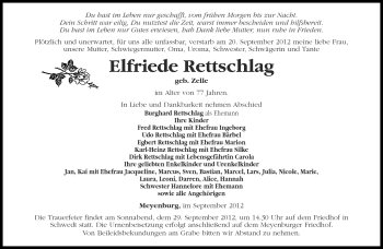 Traueranzeige von Elfriede Rettschlag von Märkische Oderzeitung