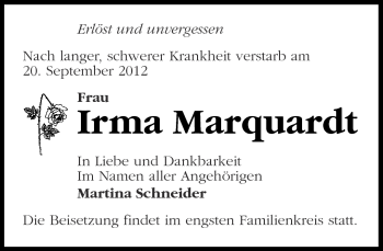 Traueranzeige von Irma Marquardt von Märkische Oderzeitung