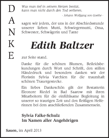 Traueranzeige von Edith Baltzer von Märkische Oderzeitung