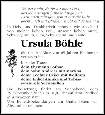 Traueranzeige von Ursula Böhle von Märkische Oderzeitung