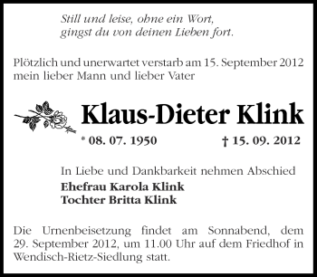 Traueranzeige von Klaus-Dieter Klink von Märkische Oderzeitung