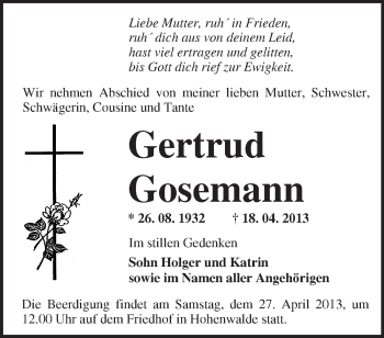 Traueranzeige von Gertrud Gosemann von Märkische Oderzeitung