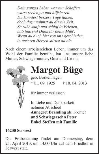 Traueranzeige von Margot Büge von Märkische Oderzeitung