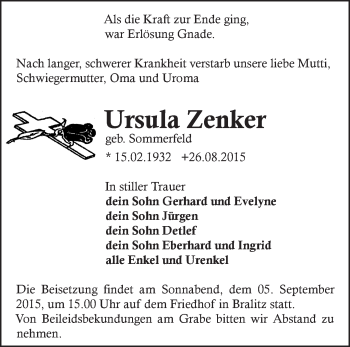 Traueranzeige von Ursula Zenker von Märkische Oderzeitung