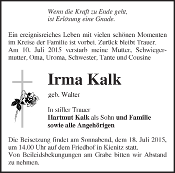 Traueranzeige von Irma Kalk von Märkische Oderzeitung