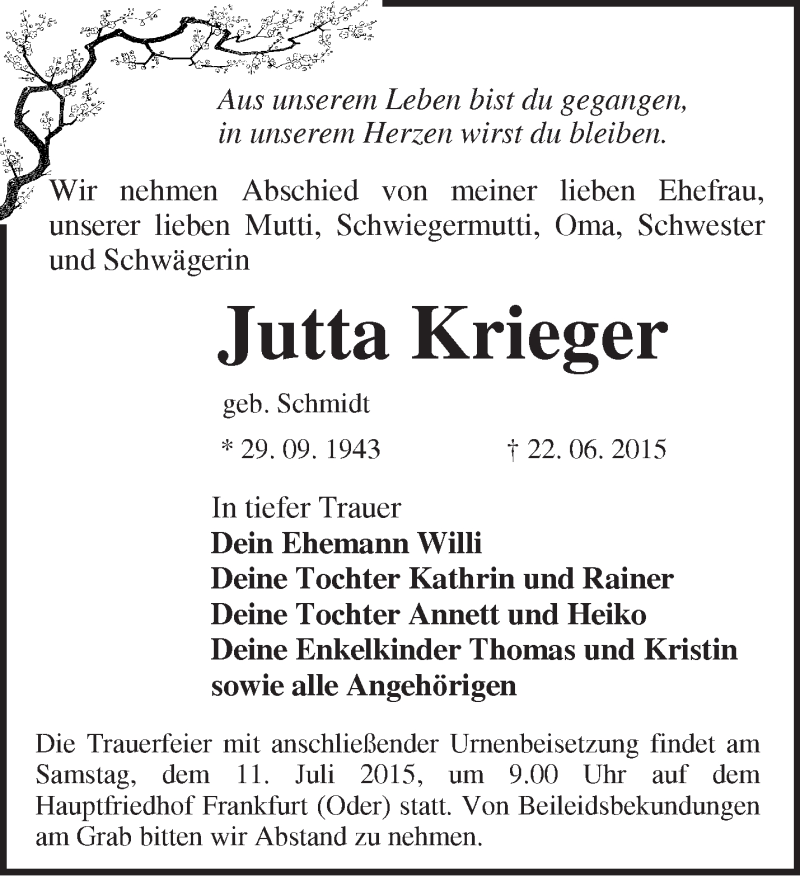  Traueranzeige für Jutta Krieger vom 30.06.2015 aus Märkische Oderzeitung