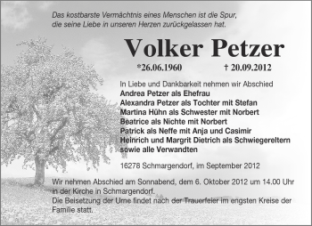 Traueranzeige von Volker Petzer von Märkische Oderzeitung