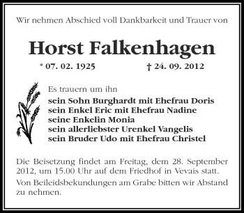 Traueranzeige von Horst Falkenhagen von Märkische Oderzeitung