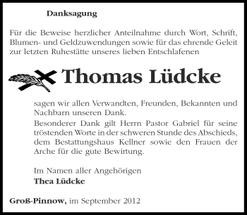 Traueranzeige von Thomas Lüdcke von Märkische Oderzeitung