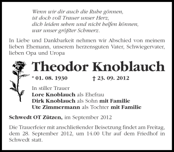 Traueranzeige von Theodor Knoblauch von Märkische Oderzeitung