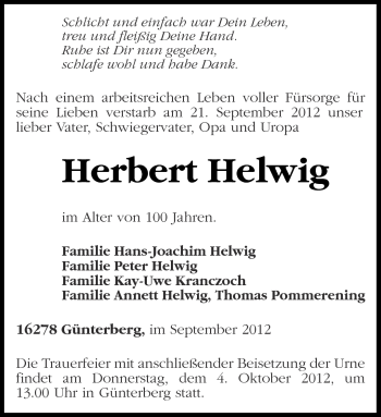 Traueranzeige von Herbert Helwig von Märkische Oderzeitung