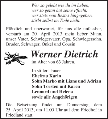 Traueranzeige von Werner Dietrich von Märkische Oderzeitung