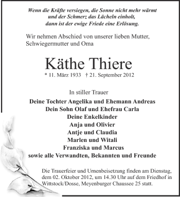 Traueranzeige von Käthe Thiere von Märkische Oderzeitung