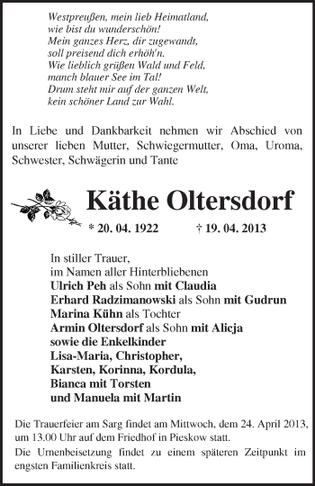 Traueranzeige von Käthe Oltersdorf von Märkische Oderzeitung