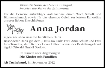 Traueranzeige von Anna Jordan von Märkische Oderzeitung