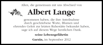 Traueranzeige von Albert Lange von Märkische Oderzeitung