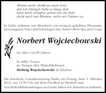 Traueranzeige von Norbert Wojciechowski von Märkische Oderzeitung