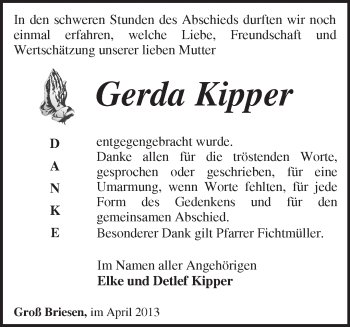 Traueranzeige von Gerda Kipper von Märkische Oderzeitung