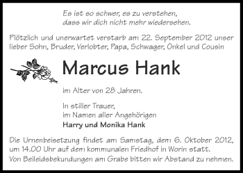 Traueranzeige von Marcus Hank von Märkische Oderzeitung