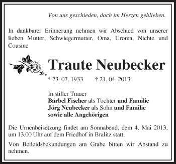 Traueranzeige von Traute Neubecker von Märkische Oderzeitung