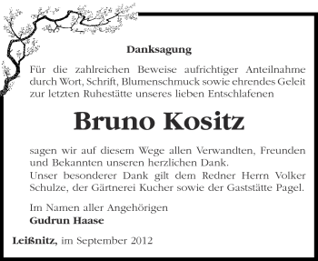 Traueranzeige von Bruno Kositz von Märkische Oderzeitung