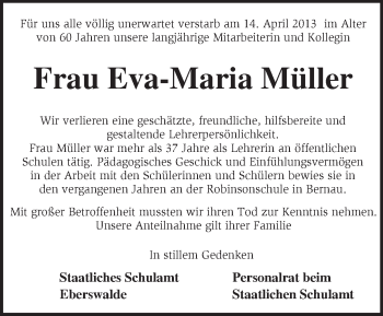 Traueranzeige von Eva-Maria Müller von Märkische Oderzeitung