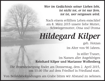 Traueranzeige von Hildegard Kilper von Märkische Oderzeitung